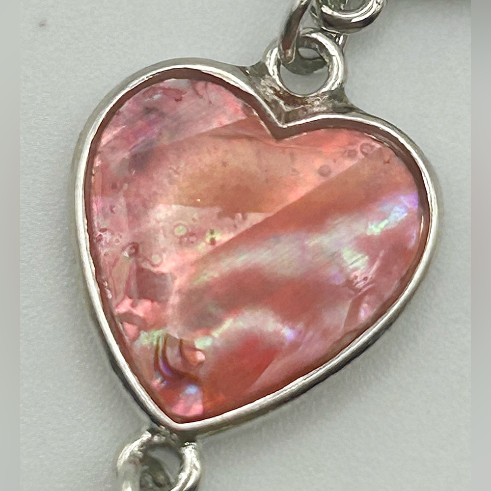 Multicolor Heart Link Silver Tone Bracelet with Abalone Inlay - Picture 4 of 13